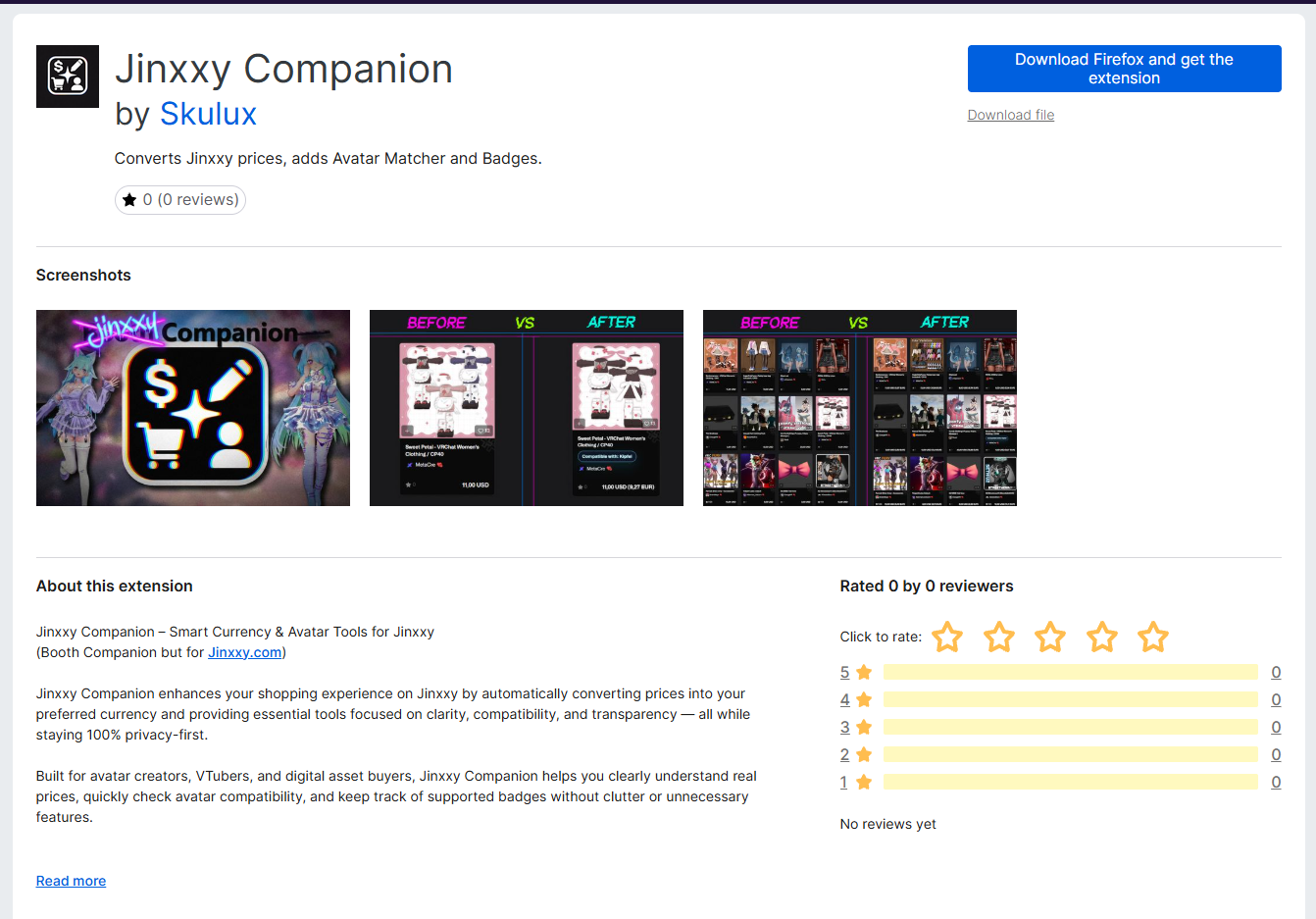 Firefox Add-ons card for Jinxxy Companion