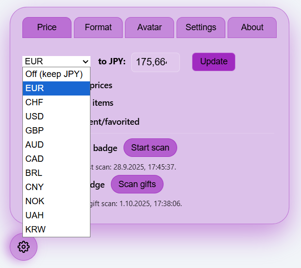 Booth-Companion settings wheel opened with the currency list